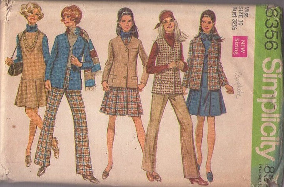 Simplicity 8356 Vintage 60's Sewing Pattern Mod Separates, Secretary Blazer Suit Jacket, Box Pleats Shirt, Vest Top, Slacks Size 10