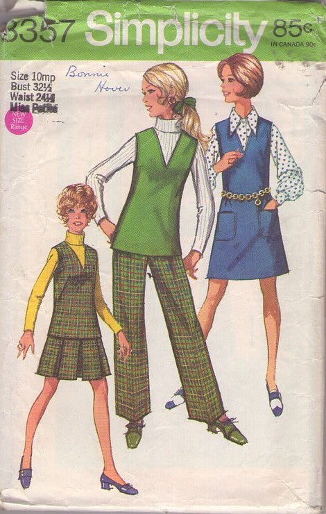 Simplicity 8357 Vintage 60's Sewing Pattern Mod Separates, V Neck Tunic Top Blouse, Jumper Dress, Box Pleats Skirt, Pants Size 10MP