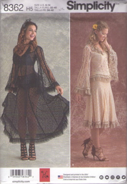 Simplicity 8362 Retro 2017 Sewing Pattern Stevie Nicks BellaDonna Dress, 2 Pc Set, Lace Blouse, Goth, Prairie Skirt, 2 Styles Size 6-14