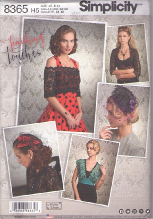 Simplicity 8365 Retro 2017 Sewing Pattern Lacy Designs Accessories, by Andrea Schewe Finishing Touches, Sheer Lace Shrug, Bolero Jacket, Vest Collar, Hat and Fascinator Cap Size 6-14