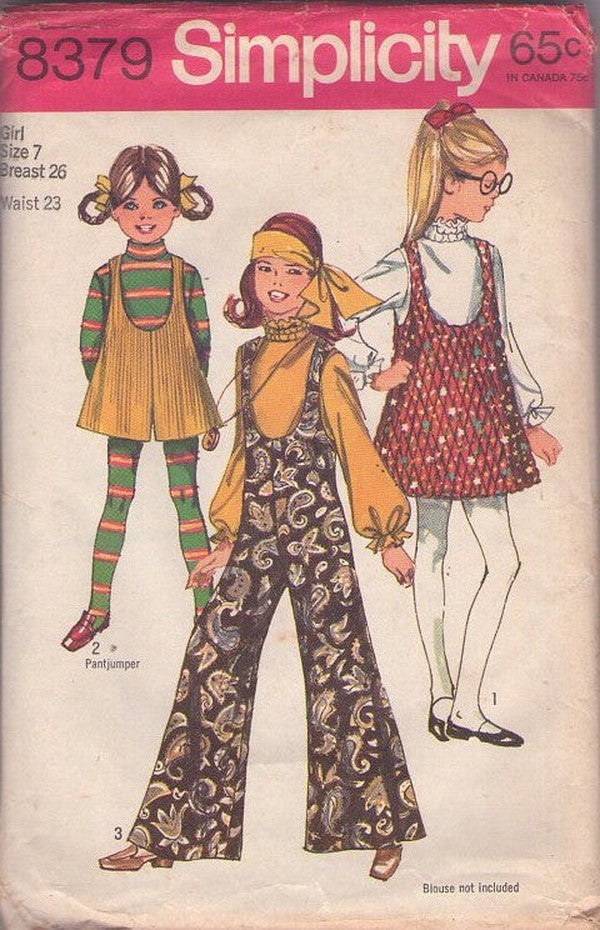 Simplicity 8379 Vintage 60's Sewing Pattern Girls' Groovy Mod Jumper, Dress, Romper, Palazzo Bell Bottoms Pants Jumpsuit Size 7