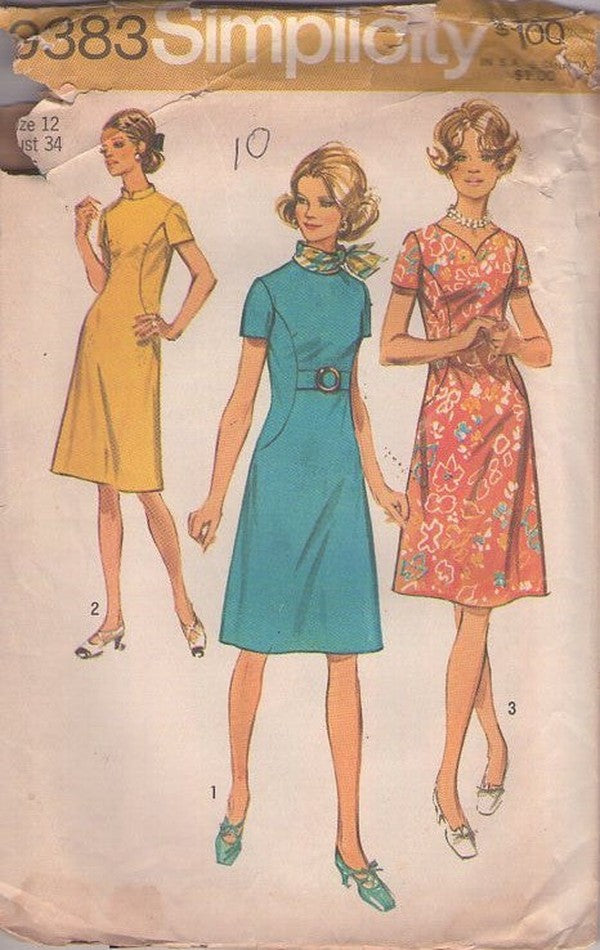 Simplicity 9383 Vintage 70's Sewing Pattern Mod Dresses, Secretary Curved Side Insets Knee Length Day Dress 3 Styles Size 12 EDGE WEAR