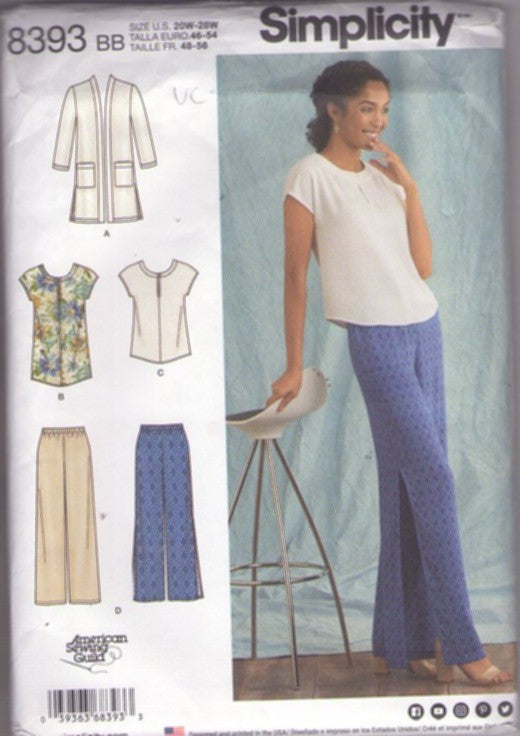 Simplicity 8393 Retro 2017 Sewing Pattern Plus Size Wardrobe Separates, Blouse, Slit Sides Pants, Jacket, Duster Coat Size 20W-28W