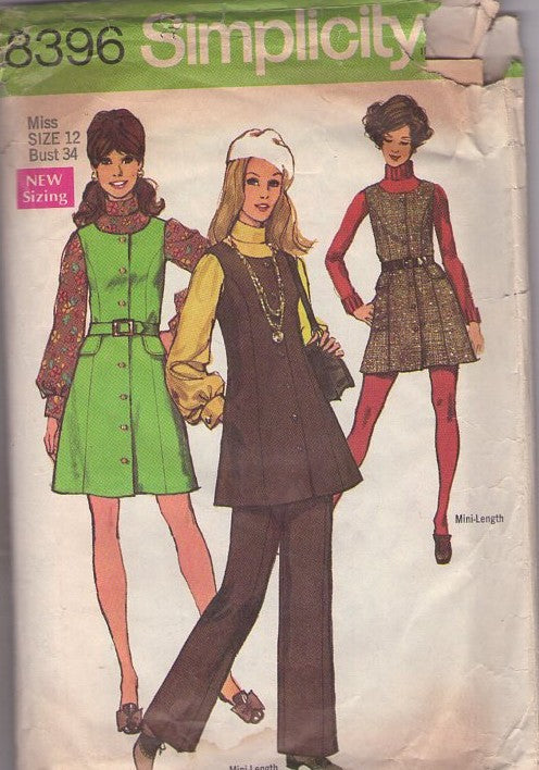 Simplicity 8396 Vintage 60's Sewing Pattern Mod Separates, Princess Seams Front Buttoned Jumper, Mini Dress, Tunic Top & Pants, Pantsuit Size 12