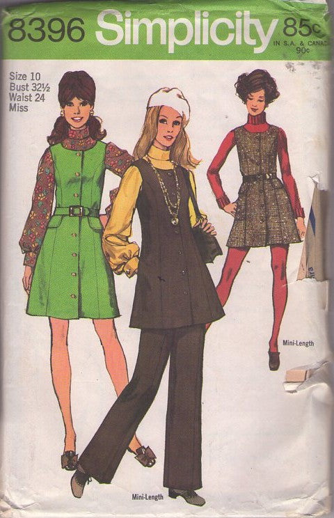 Simplicity 8396 Vintage 60's Sewing Pattern Mod Separates, Princess Seams Front Buttoned Jumper, Mini Dress, Tunic Top & Pants, Pantsuit Size 10