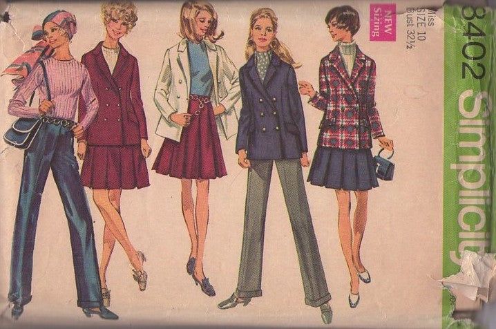 Simplicity 8402 Vintage 60's Sewing Pattern Mod Separates, Double Breasted Pea Coat Suit Jacket, Pleated Mini Skirt, Pants Set Size 10