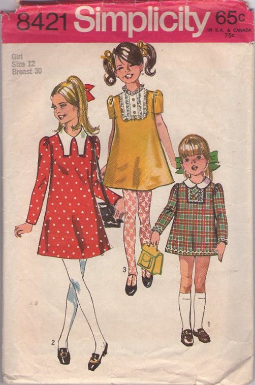 Simplicity 8421 Vintage 60's Sewing Pattern Girl's Dress Set, Brady Bunch Neat Bib & Collar Trim School Dress Set, Mini Dress 3 Styles Size 4