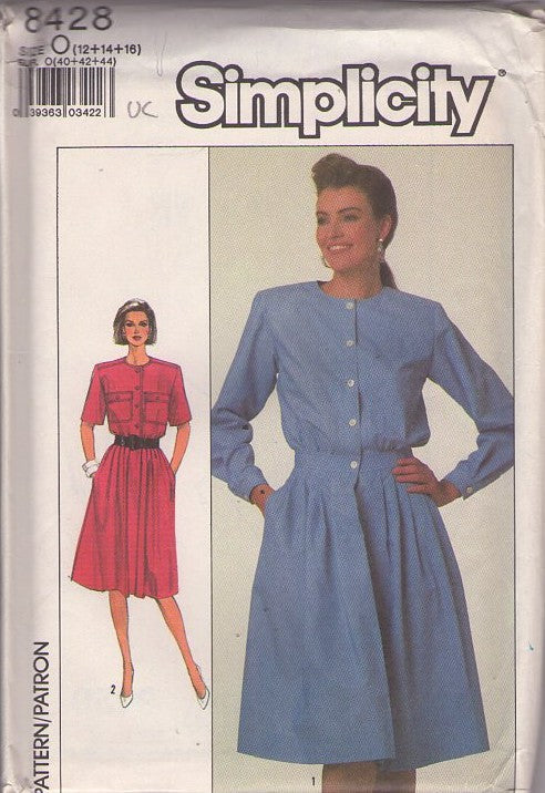 Simplicity 8428 Vintage 80's Sewing Pattern Secretary Dress, Pleated Shirtwaist, Modest, Pockets, 2 Styles Size 12-16