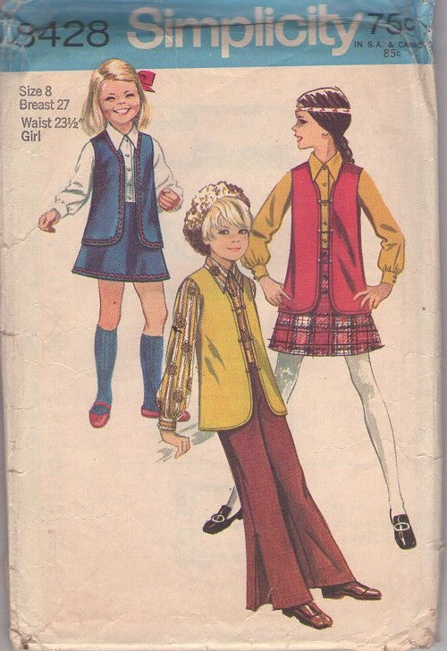Simplicity 8428 Vintage 60's Sewing Pattern Girl's Separates, Brady Bunch Toggle Vest, A-Line Mini Skirt, Bell Bottoms Pants Size 8