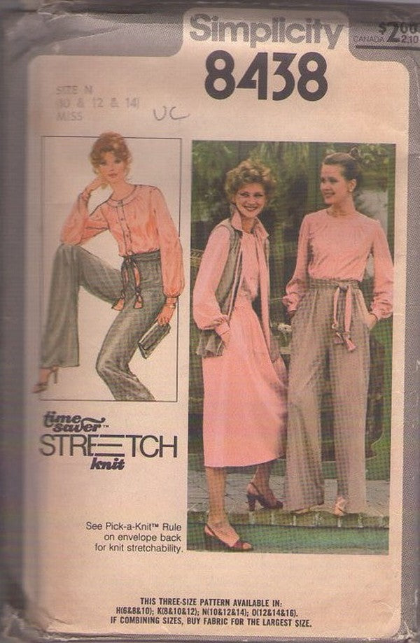 Simplicity 8438 Vintage 70's Sewing Pattern Easy Knits, Blouse, Skirt, Pants, Reversible Vest Jacket Size 10-14