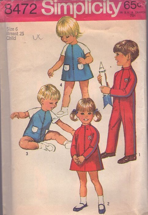 Simplicity 8472 Vintage 60's Sewing Pattern Boys' & Girl's Jumpsuits, Front Zippered Romper, Dress, Jumpsuit, Astronaut Theme, Snap Crotch Option Size 6