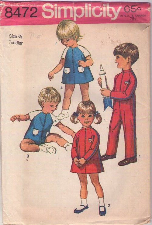 Simplicity 8472 Vintage 60's Sewing Pattern Boys' & Girl's Jumpsuits, Front Zippered Romper, Dress, Jumpsuit, Astronaut Theme, Snap Crotch Option Size 1/2
