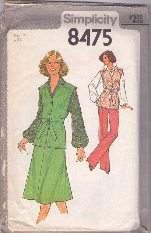 Simplicity 8475 Vintage 70's Sewing Pattern Secretary Separates, Cap Sleeve Vest Jacket, A-Line Skirt, Slacks, Blouse, Tie Belt Size 14