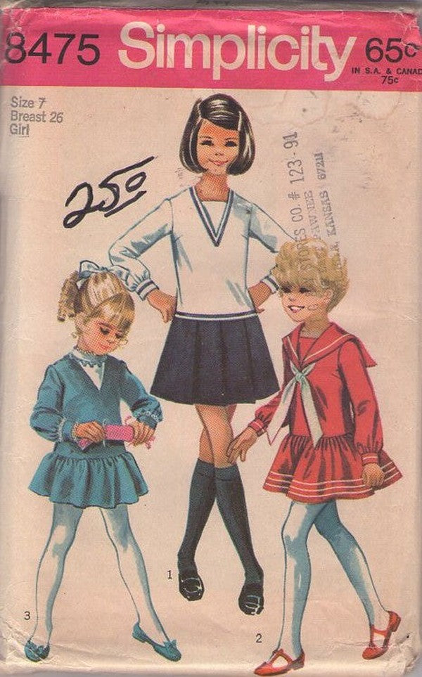 Simplicity 8475 Vintage 60's Sewing Pattern Girls' Mod Nautical Dress Set, Drop Waist, Pollyanna Styles Size 7