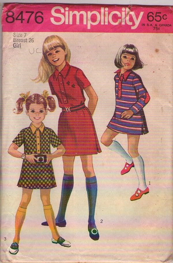 Simplicity 8476 Vintage 60's Sewing Pattern Girl's Mod Mini Dress, Knits, Collared, Pullover 3 Styles Size 7