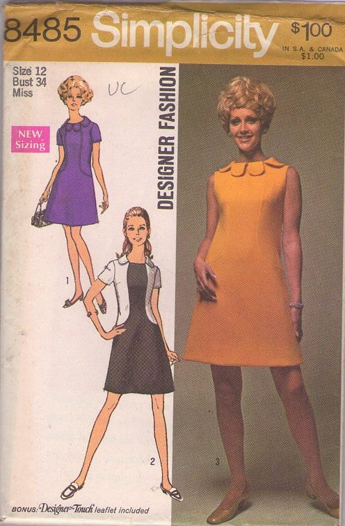 Simplicity 8485 Vintage 60's Sewing Pattern Mod Dress Set, Designer Fashion Contrast Curved FLATTERING Side Panels, Petal Collar Day Dress, 3 Styles Size 12