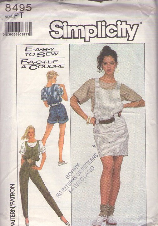 Simplicity 8495 Vintage 80's Sewing Pattern New Wave Jumpsuit, Denim Overalls, Romper, Mini Jumper, Dress, Tshirt Top Size P 6-8