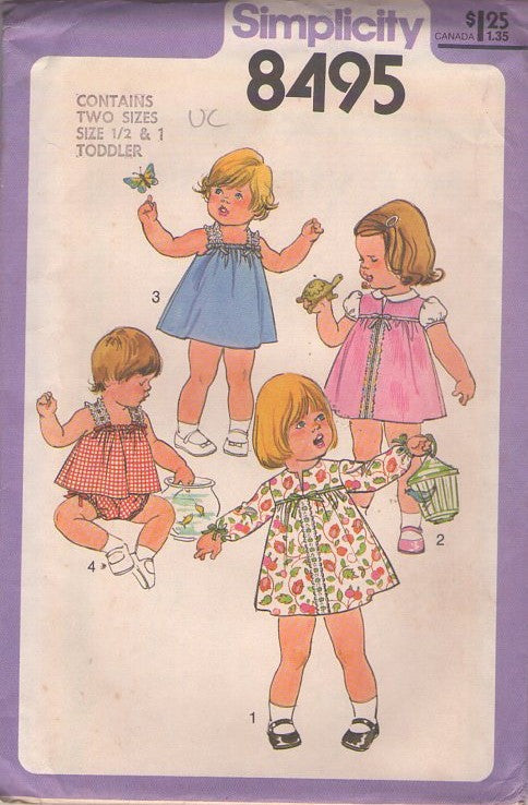 Simplicity 8495 Vintage 70's Sewing Pattern Toddler Dresses, Bottoms, Flared Sun Top, Sundress, Dress, Bloomers Panties Size 1/2-1