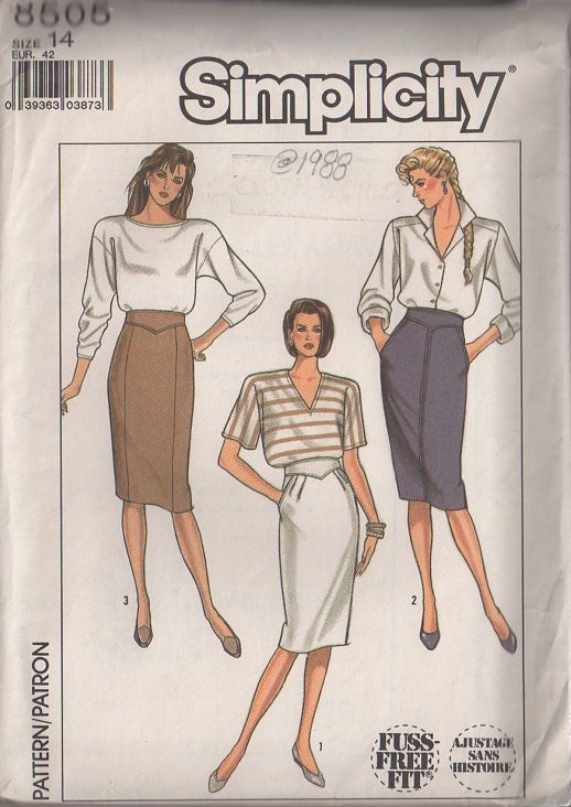 Simplicity 8505 Vintage 80's Sewing Pattern Secretary Skirts, Fuss Free Fit, Curve Hugging Sheath Skirt, Shaped Waistband 3 Styles Size 10