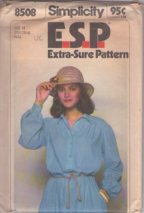 Simplicity 8508 Vintage 70's Sewing Pattern Blouson Dress, Button Band Shirtwaist, Long Sleeves Size 10-14