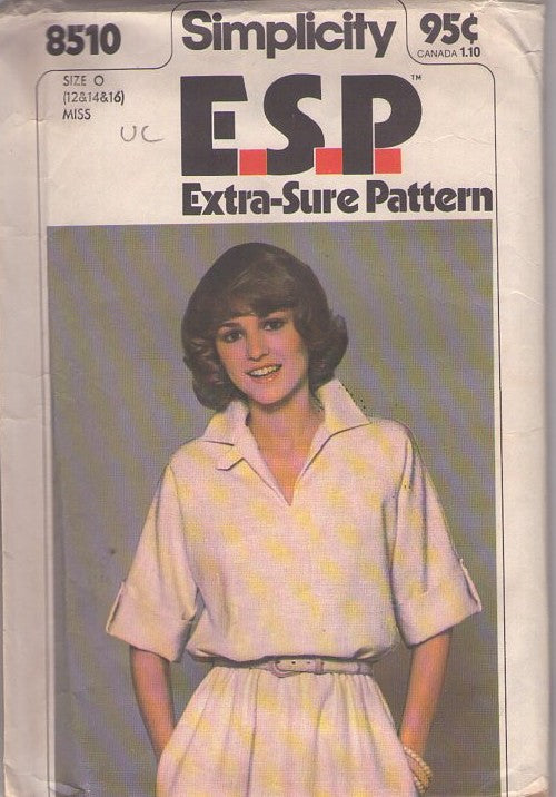 Simplicity 8510 Vintage 70's Sewing Pattern Pullover Dress, Button Tab Cuffs, Collar, Blouson Size 12-16