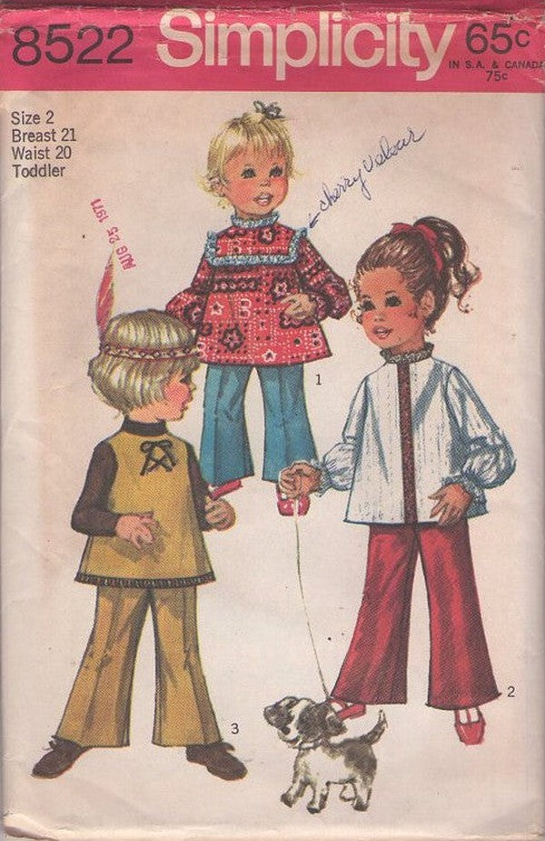 Simplicity 8522 Vintage 60's Sewing Pattern Girl's Separates, Native American Costume, Ribbon Trimmed Smock Top, Blouse, Bell Bottoms Pants Size 2 CUT