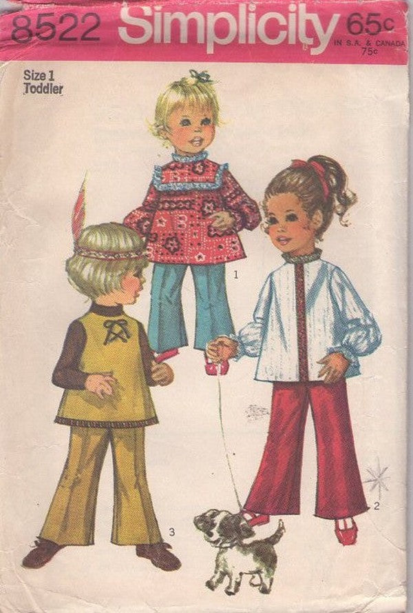 Simplicity 8522 Vintage 60's Sewing Pattern Girl's Separates, Native American Costume, Ribbon Trimmed Smock Top, Blouse, Bell Bottoms Pants Size 1