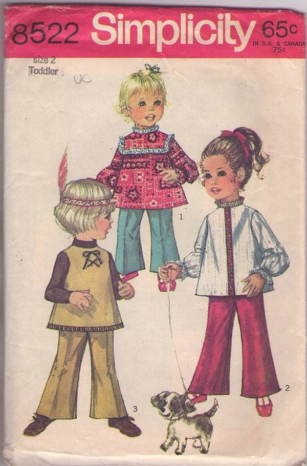 Simplicity 8522 Vintage 60's Sewing Pattern Girl's Separates, Native American Costume, Ribbon Trimmed Smock Top, Blouse, Bell Bottoms Pants Size 2 UNCUT