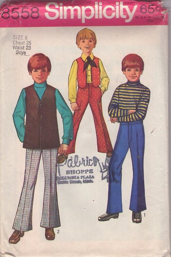 Simplicity 8558 Vintage 60's Sewing Pattern Boys' Pants, Vests, Napoleon Dynamite Hipster Fly Front Bell Bottoms Pants, Vest Jacket Set Size 8