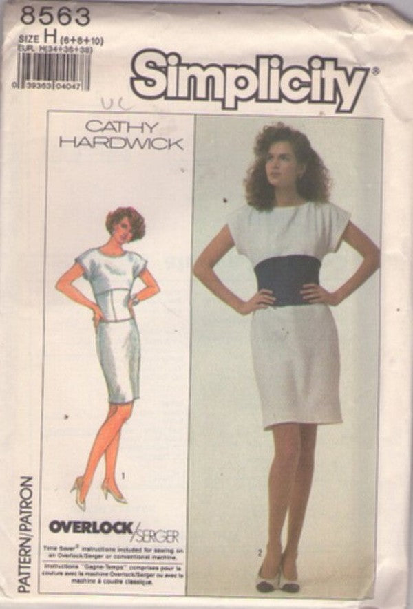Simplicity 8563 Vintage 80's Sewing Pattern Designer Dress, Cathy Hardwick New Wave Party Girl Wide Stretch Midriff Sheath Secretary Cocktail Dress Size 6-10