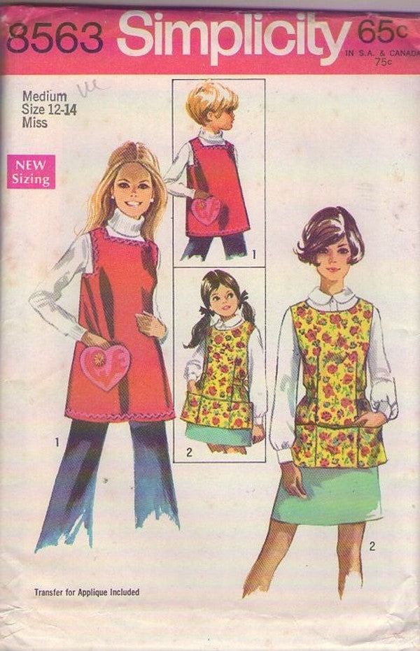 Simplicity 8563 Vintage 60's Sewing Pattern Cobbler Apron Set, Smock Top, Heart Shaped Pockets, Art Cover Up Size M 12-14