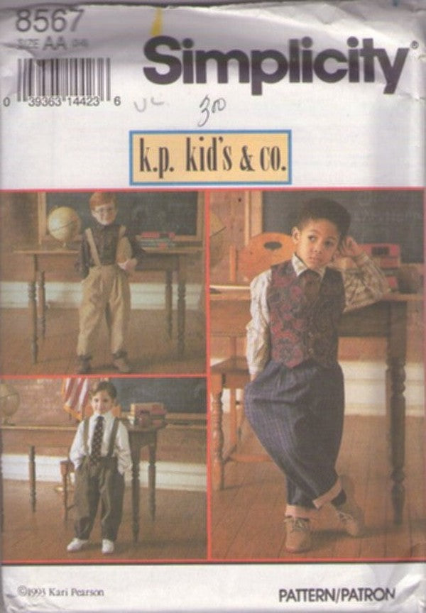 Simplicity 8567 Vintage 90's Sewing Pattern Boys' Suit Separates, KP Kids & Co, Peaky Blinders, Steam Punk, Old Time 20s Look Pleated Suspender Pants, Vest, Dress Shirt, Neck Tie Size 3-6