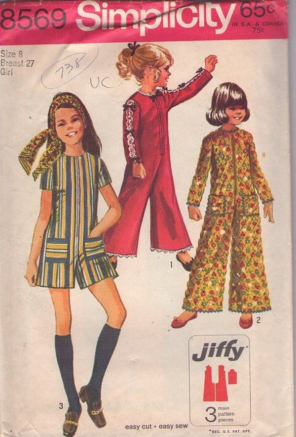 Simplicity 8569 Vintage 60's Sewing Pattern Girl's Jumpsuits, Jiffy Easy Front Zippered Pantdress, Romper, Long Bell Bottoms Flared Jumpsuit, Pajamas Size 8