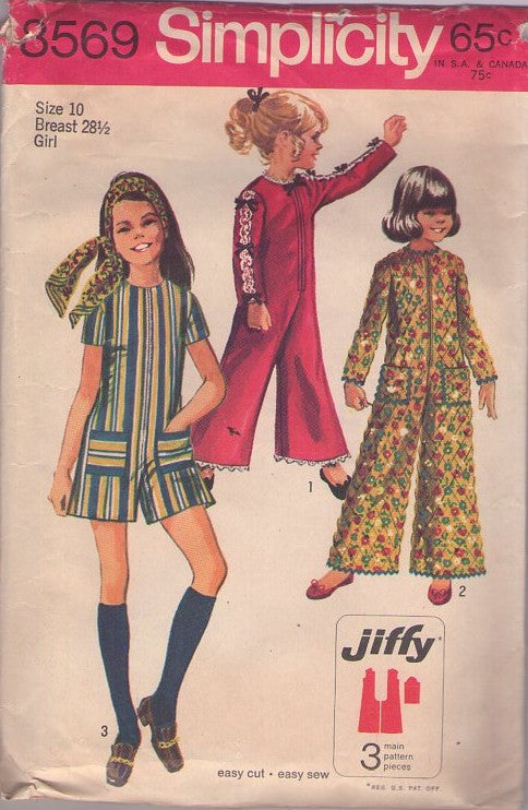 Simplicity 8569 Vintage 60's Sewing Pattern Girl's Jumpsuits, Jiffy Easy Front Zippered Pantdress, Romper, Long Bell Bottoms Flared Jumpsuit, Pajamas Size 10