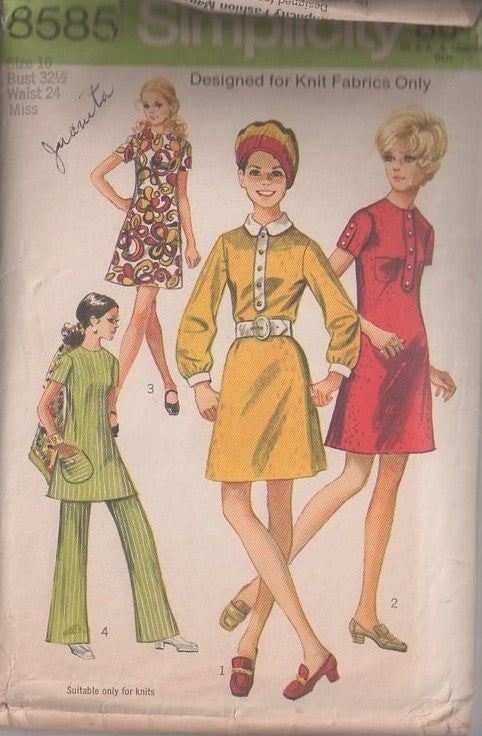 Simplicity 8585 Vintage 60's Sewing Pattern Mod Dresses, Twiggy Button Band Trim Collared Mini Dress, Tunic Top & Pants, Slanted Round Pockets Size 10