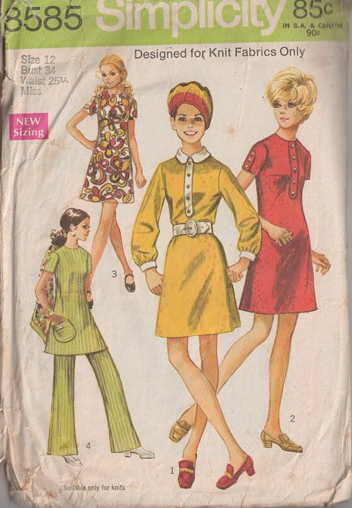 Simplicity 8585 Vintage 60's Sewing Pattern Mod Dresses, Twiggy Button Band Trim Collared Mini Dress, Tunic Top & Pants, Slanted Round Pockets Size 12