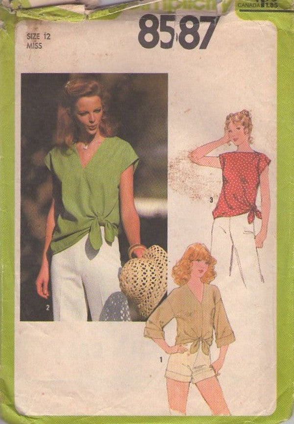 Simplicity 8587 Vintage 70's Sewing Pattern Disco Top, Summer Tied Knot Pullover Shirt Set, 3 Styles Size 14