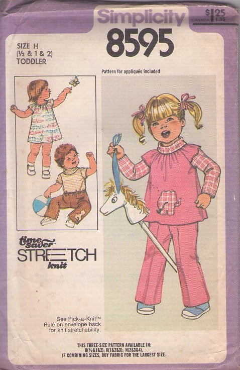 Simplicity 8595 Vintage 70's Sewing Pattern Kids' Separates, Roll Collar Top, Pants, Dress, Jumper, Tunic Size 1/2-2