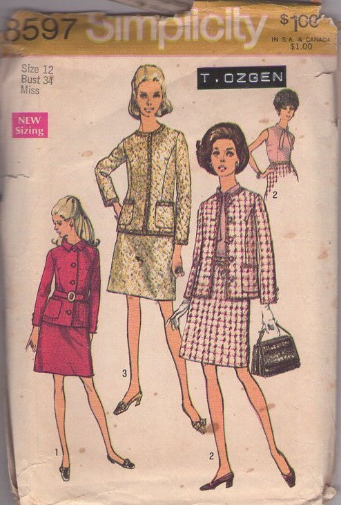 Simplicity 8597 Vintage 60's Sewing Pattern Chanel Style Mod Suit, Jackie O Blouse, Skirt, Jacket Size 12