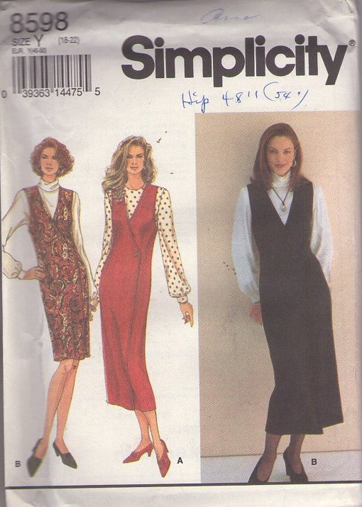Simplicity 8598 Vintage 90's Sewing Pattern Wrap Front Slim Jumper, Dress, Blouse Ensemble, Size 18-22