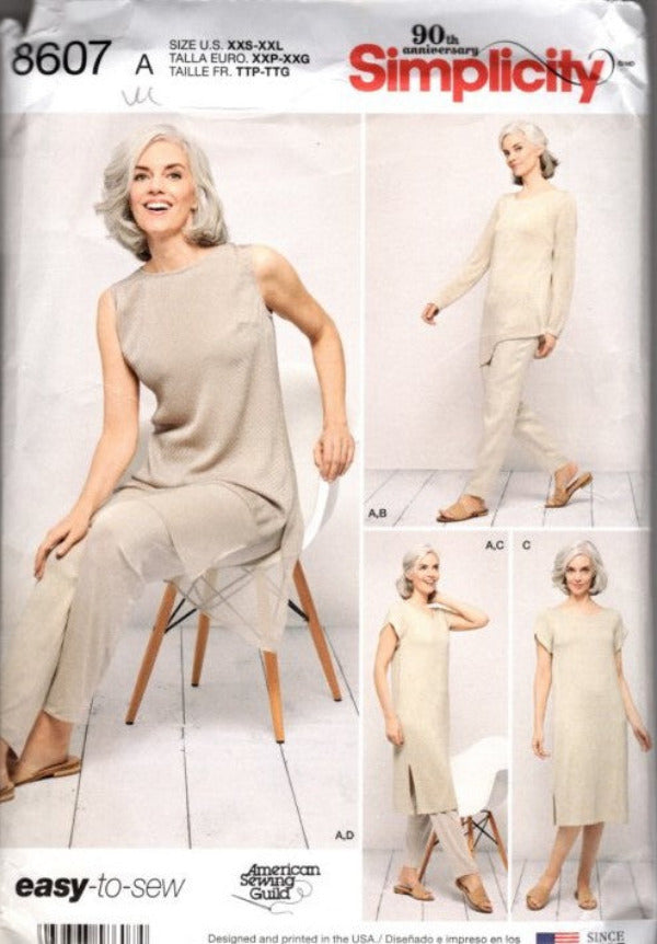 Simplicity 8607 Retro 2018 Sewing Pattern Easy to Sew Minimalist Separates, Career Wardrobe, Tunic Top, Blouse, Dress, Pants Size XXS-XXL
