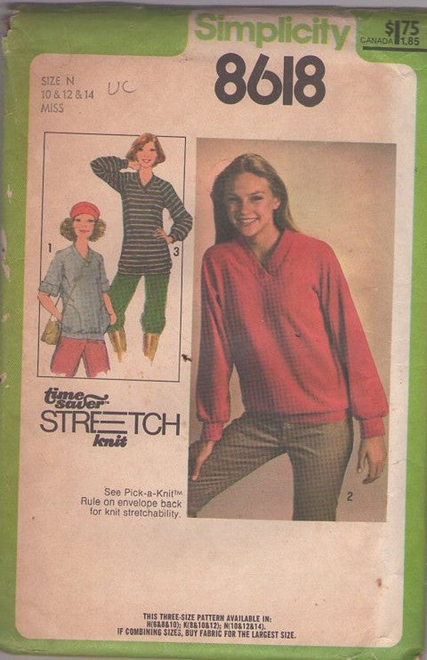Simplicity 8618 Vintage 70's Sewing Pattern Disco Tops, That 70s Show Pullover Raglan Sleeve Stretch Velour Knits Blouse, Top, Shirt 3 Styles Size 10-14 UNCUT