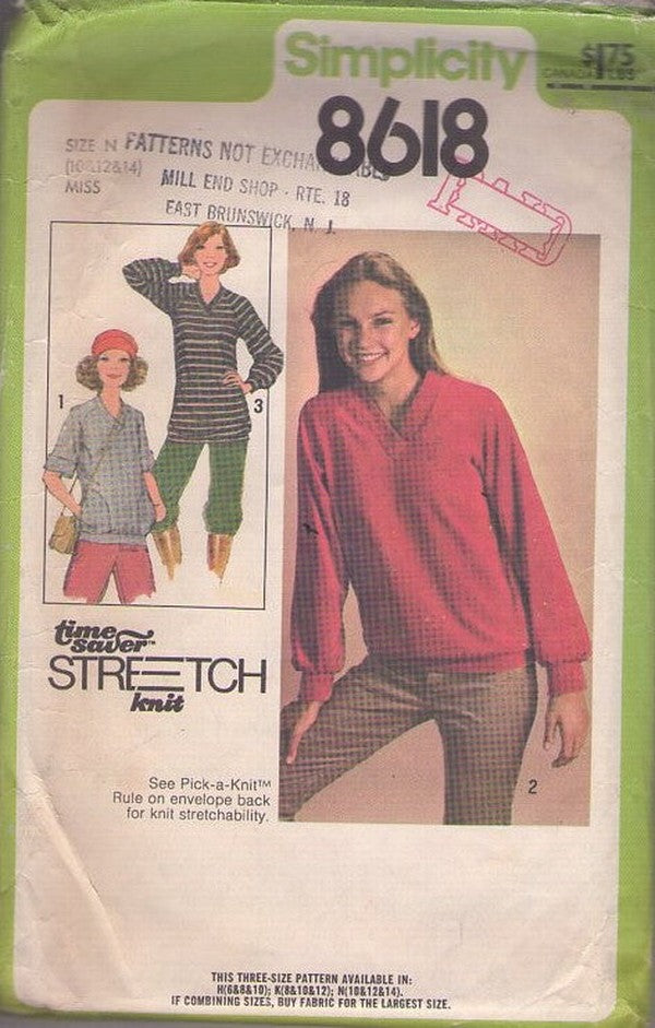 Simplicity 8618 Vintage 70's Sewing Pattern Disco Tops, That 70s Show Pullover Raglan Sleeve Stretch Velour Knits Blouse, Top, Shirt 3 Styles Size 10-14 CUT