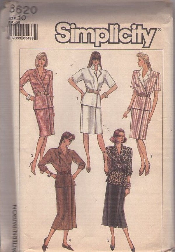 Simplicity 8620 Vintage 80's Sewing Pattern Mock Wrap, Faux 2 Piece Secretary Dress, 5 Styles Size 10