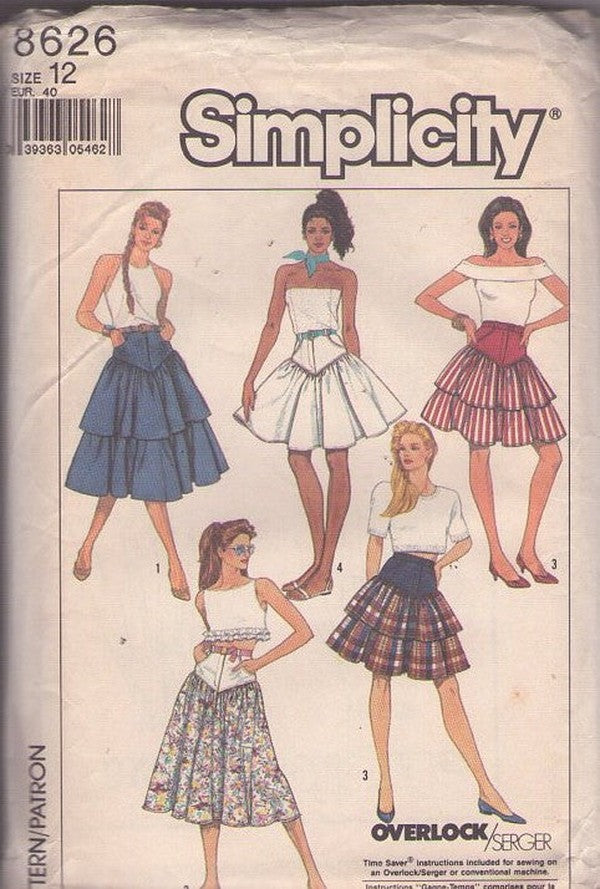 Simplicity 8626 Vintage 80's Yoked Skirt Set, New Wave, Western, Party, Basque, Fly Front, Pockets, Tiers Size 12
