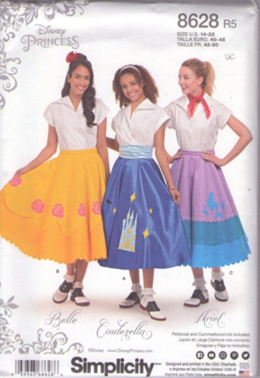 Simplicity 8628 Retro 2018 Sewing Pattern Disney Costumes, When You Wish Upon A Star, Princess, 50s Poodle Skirt 3 Styles Belle, Ariel, Cinderella Disney World Applique Size 14-22