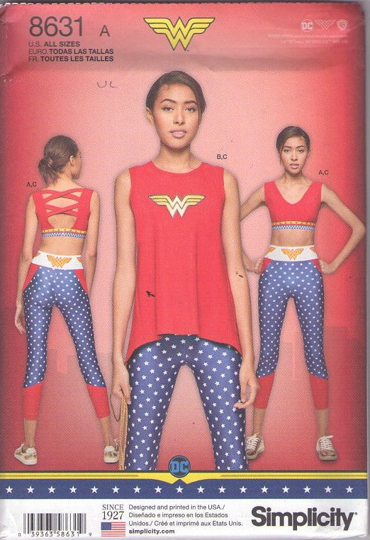 Simplicity 8631 Retro 2018 Sewing Pattern Cosplay Costumes, Patriotic Wonder Woman Marathon Running, Work Out Capri Leggings, Bra Top, Tie Back TShirt All Sizes XS-XL