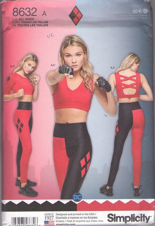 Simplicity 8632 Retro 2018 Sewing Pattern Cosplay Costumes, Vixen Batman Harley Quinn Theme Marathon Running, Work Out Stretch Leggings, Bra Top, Cropped Shirt All Sizes XS-XL