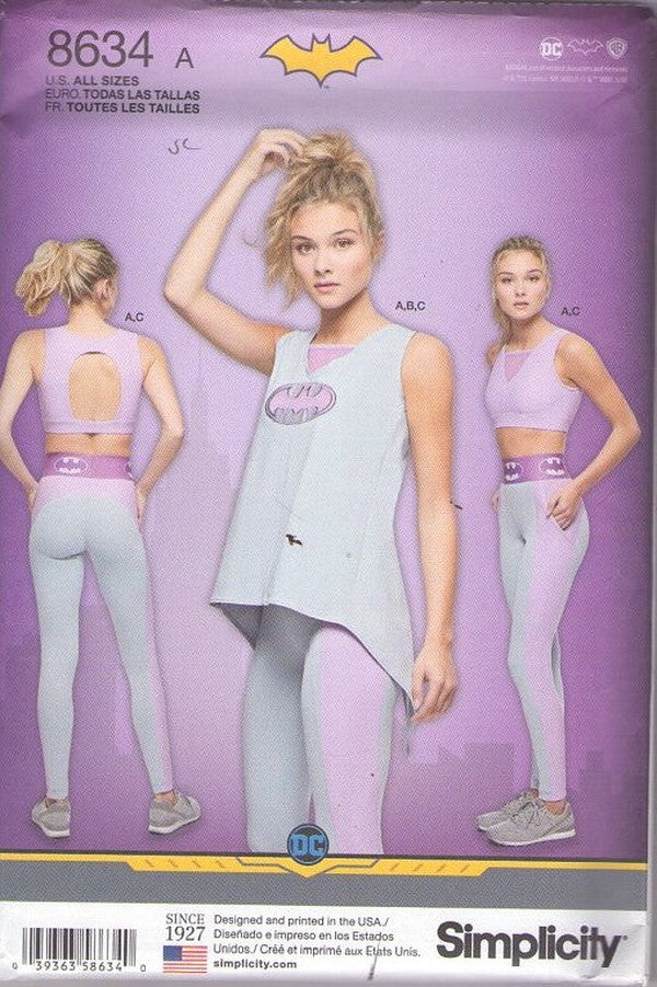 Simplicity 8634 Retro 2018 Sewing Pattern Cosplay Costumes, Pastel DC Comics Batgirl Superhero High Waisted Stretch Leggings, Bra Top, Shaped Hi Lo Shirt All Sizes XS-XL
