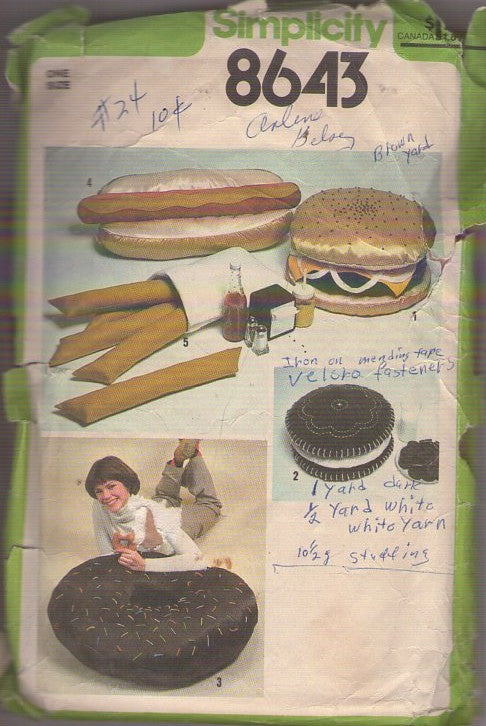 Simplicity 8643 Vintage 70's Sewing Pattern Food Chairs, Junk Food Furniture, Hamburger, Hot Dog, French Fries, Donut, Oreo Cookie Stuffed Lounge Pillows